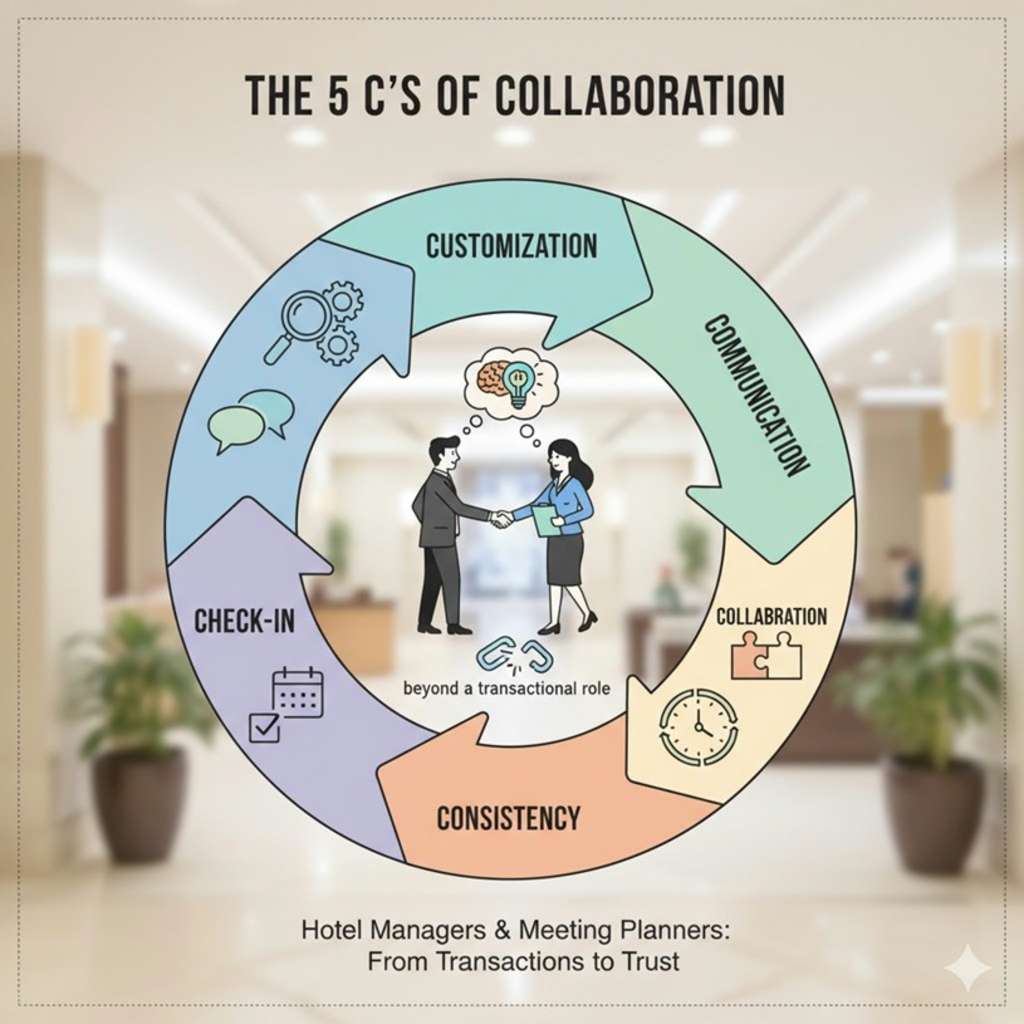 Diagrama dos 5 Cs da Colaboração: Customização, Comunicação, Colaboração, Consistência e Check-in