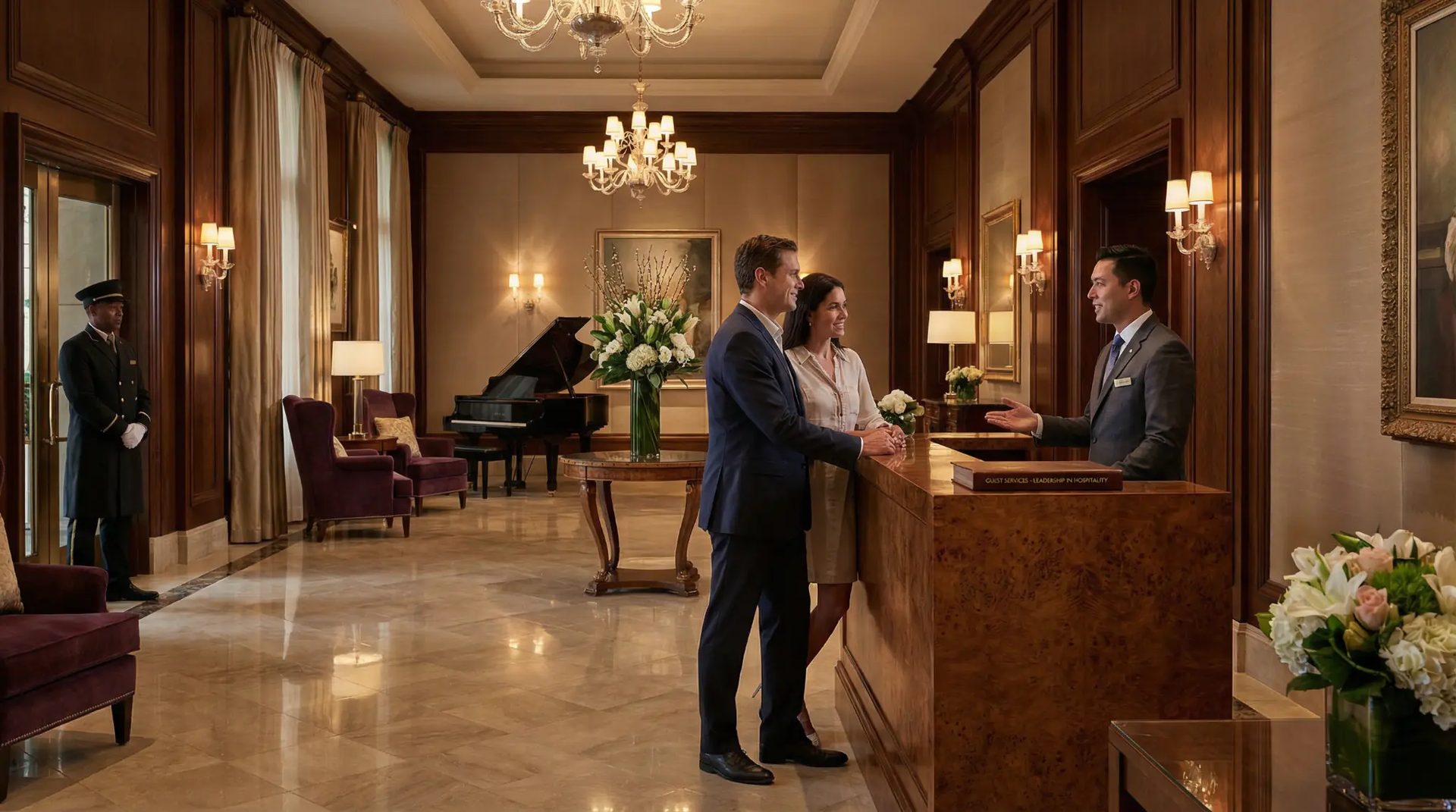 Lobby de luxo da Ritz-Carlton com atendimento ao hóspede