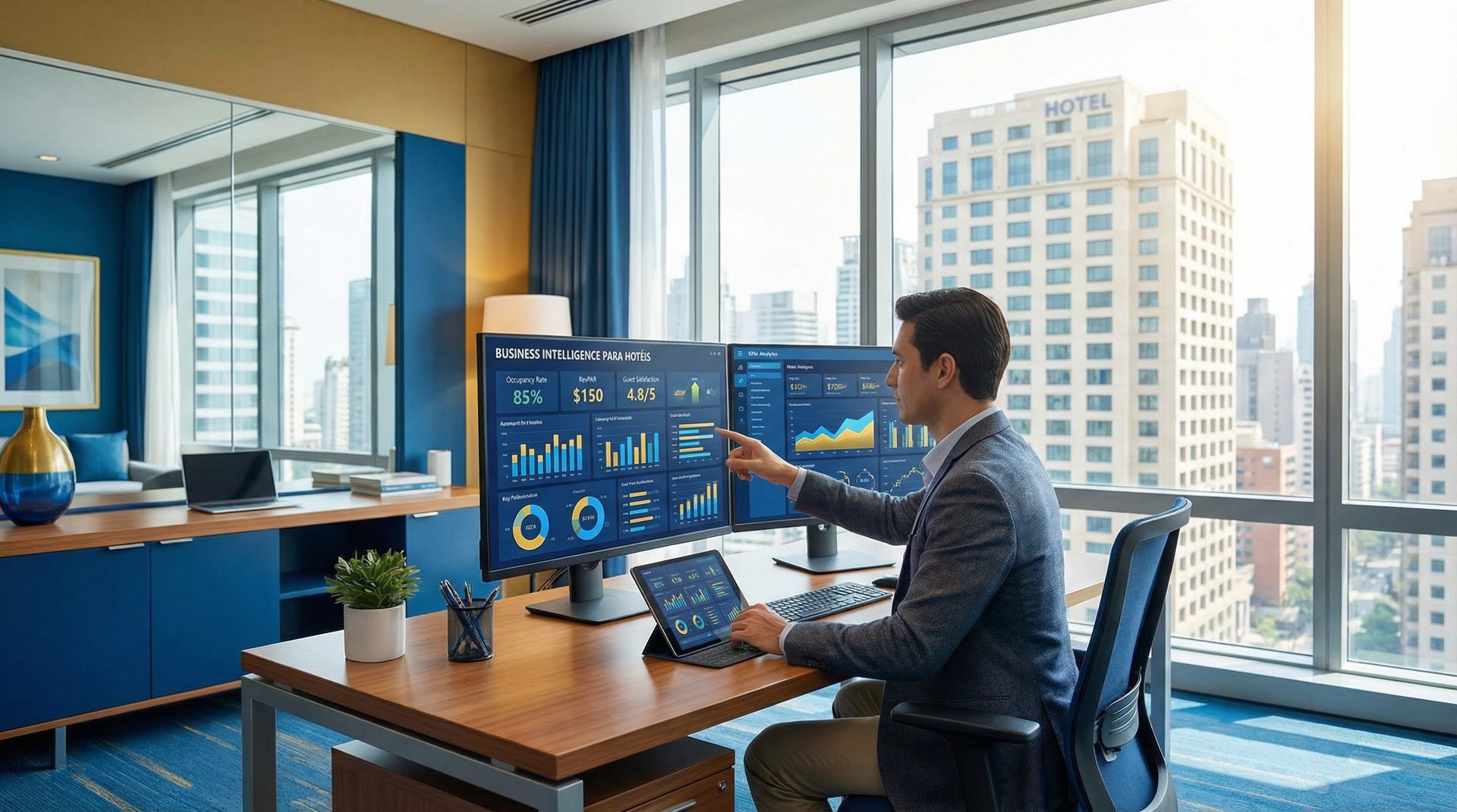 Dashboard de Business Intelligence para hotéis com métricas de performance e KPIs