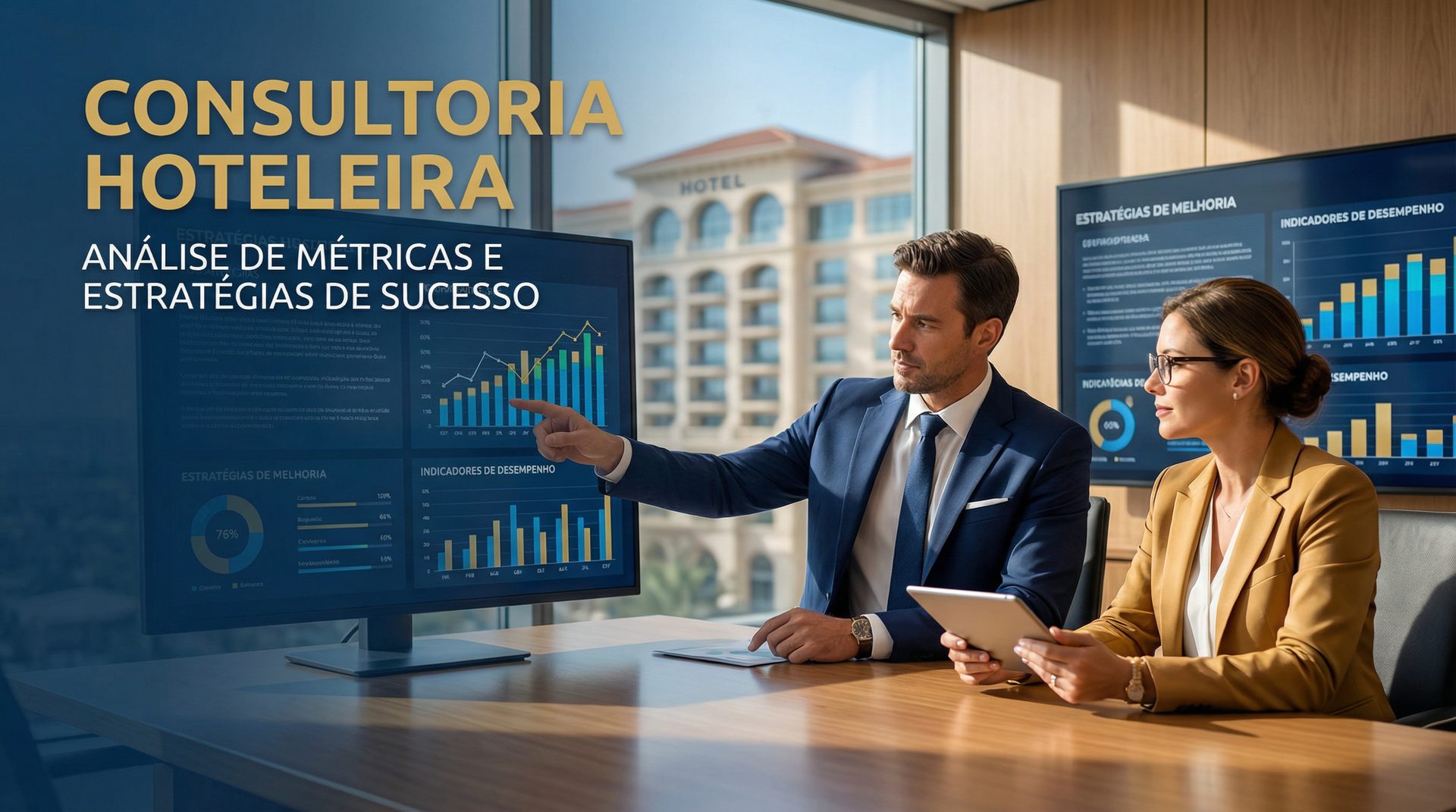 Consultor hoteleiro analisando performance e KPIs do hotel